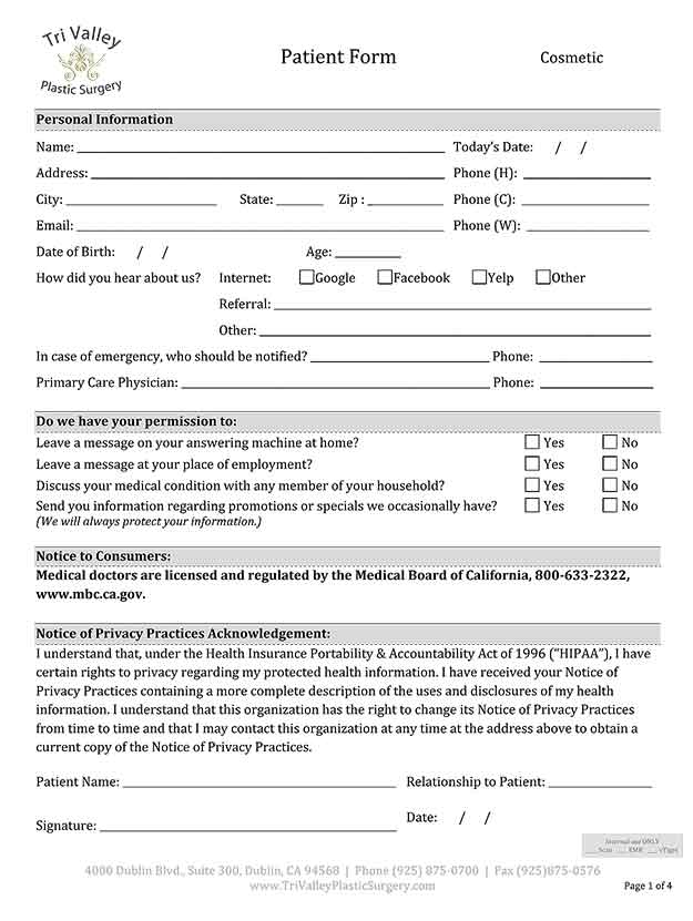 Tri Valley Plastic Surgery Patient Forms